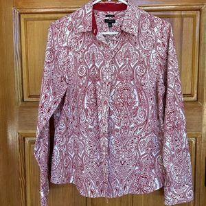 Talbots Womens Sz 12 Paisley Red White Wrinkle Resistant Button Up Shirt Top